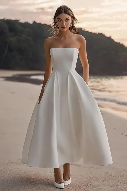 White Satin A Line Strapless Wedding Dress sold by Zapaka