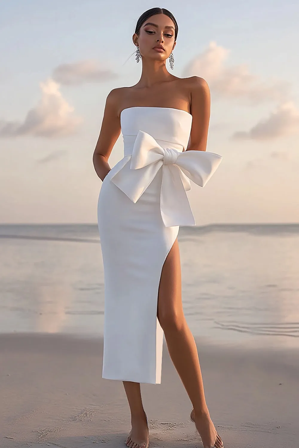 White Sheath Bow Tea Length Graduation Dress With Slit sold by Zapaka