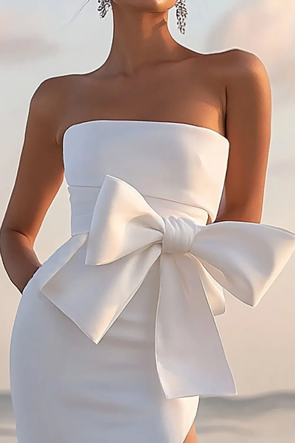 White Sheath Bow Tea Length Graduation Dress With Slit sold by Zapaka product image thumbnail 2