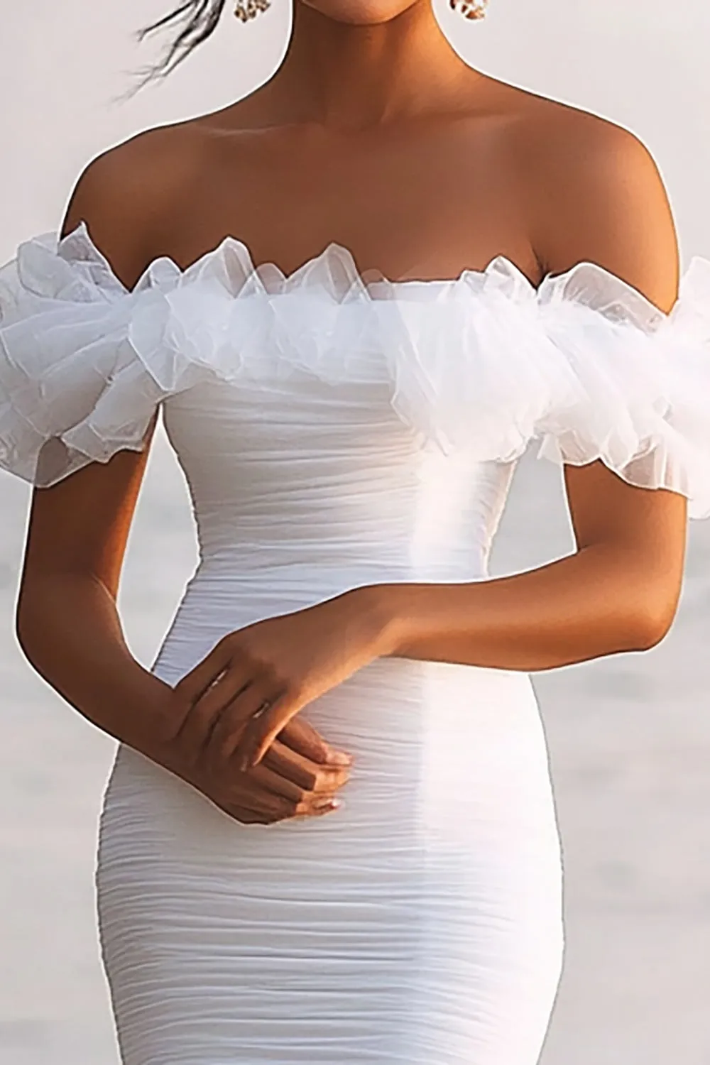 Off The Shoulder Asymmetrical Ruffled White Graduation Dress sold by Zapaka product image thumbnail 2