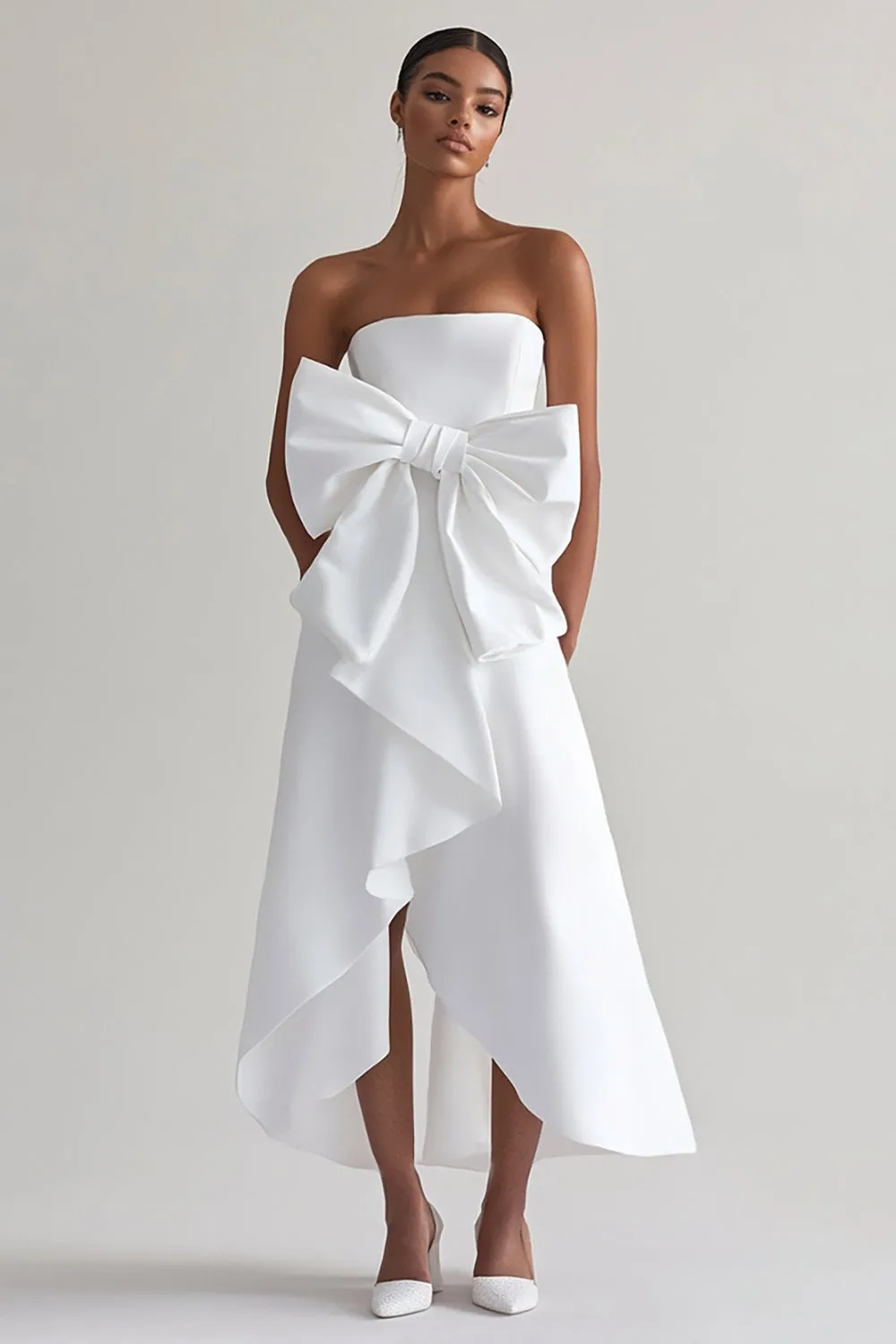 White A Line Ruffle Strapless Graduation Dress With Bow sold by Zapaka