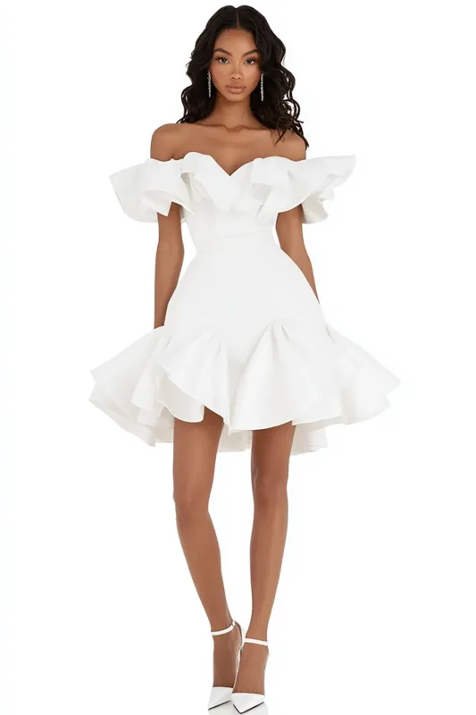 White Ruffle Off The Shoulder Mini Graduation Dress sold by Zapaka