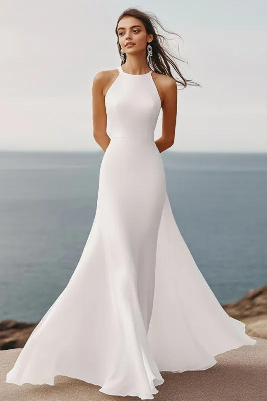 Chiffon Halter White Long Wedding Dress sold by Zapaka