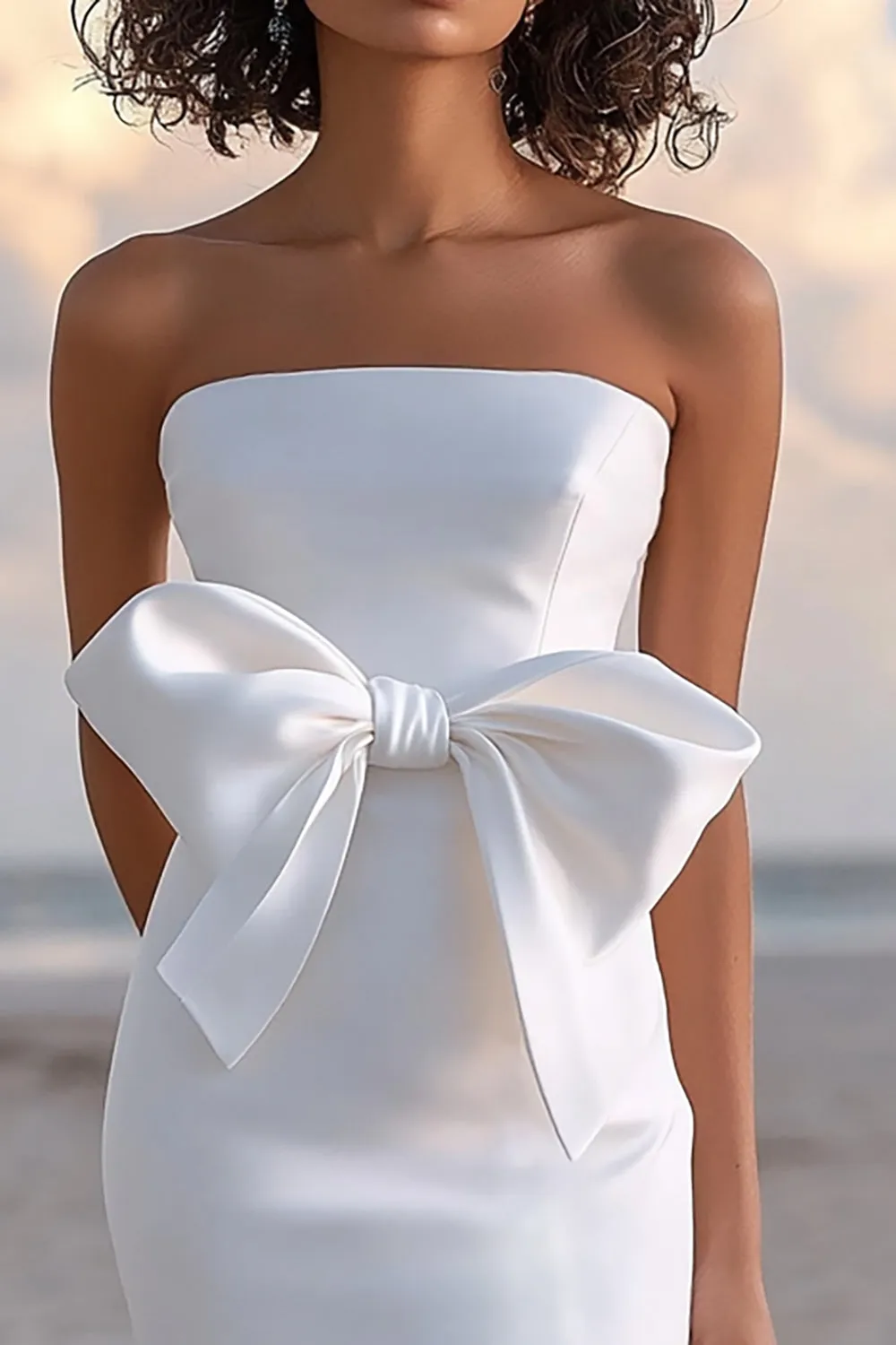 Strapless Satin White Graduation Dress With Bow sold by Zapaka product image thumbnail 2