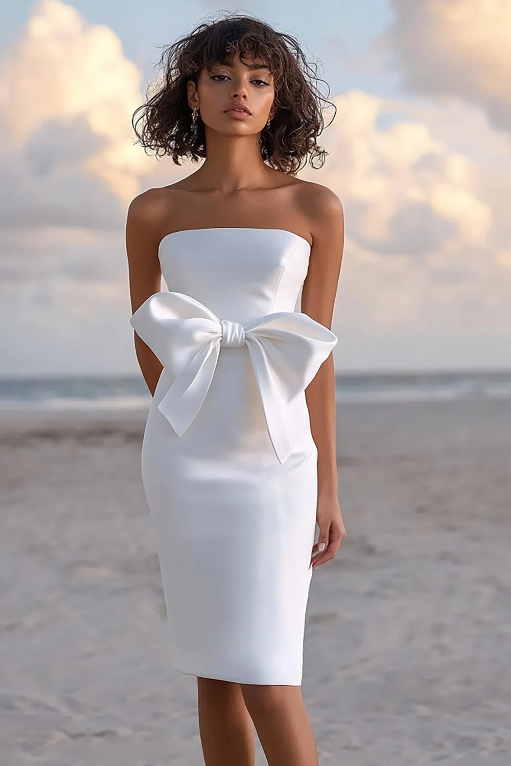 Strapless Satin White Graduation Dress With Bow sold by Zapaka
