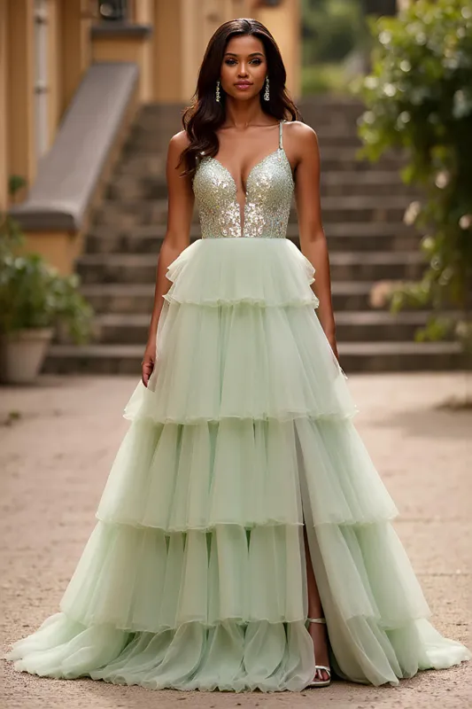 Sparkly Light Green Spaghetti Straps Tiered Long Prom Dress with Sequins sold by Zapaka