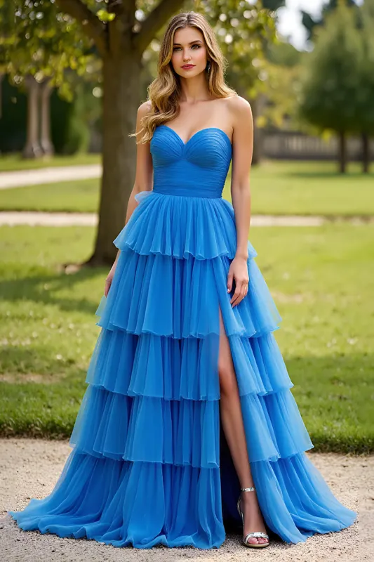Tiered Tulle Blue Strapless Pleated Prom Dress with Slit sold by Zapaka