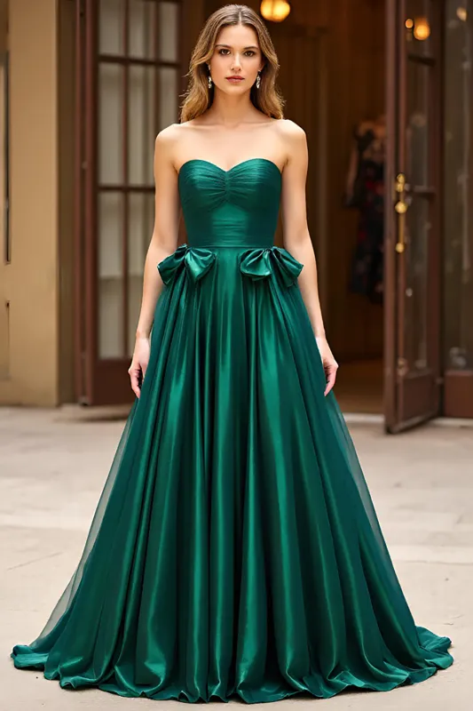 Dark Green Satin Strapless Bowknot A Line Prom Dress sold by Zapaka