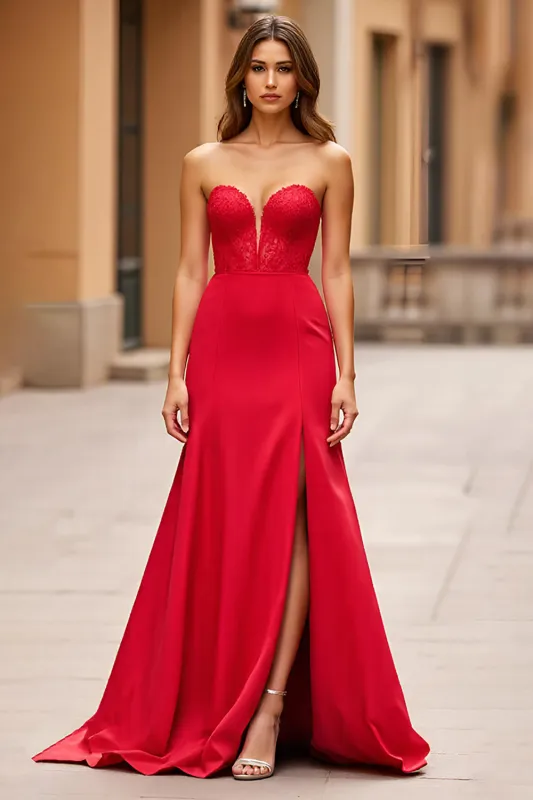 Red Mermaid Lace Sweetheart Long Prom Dress with Slit sold by Zapaka