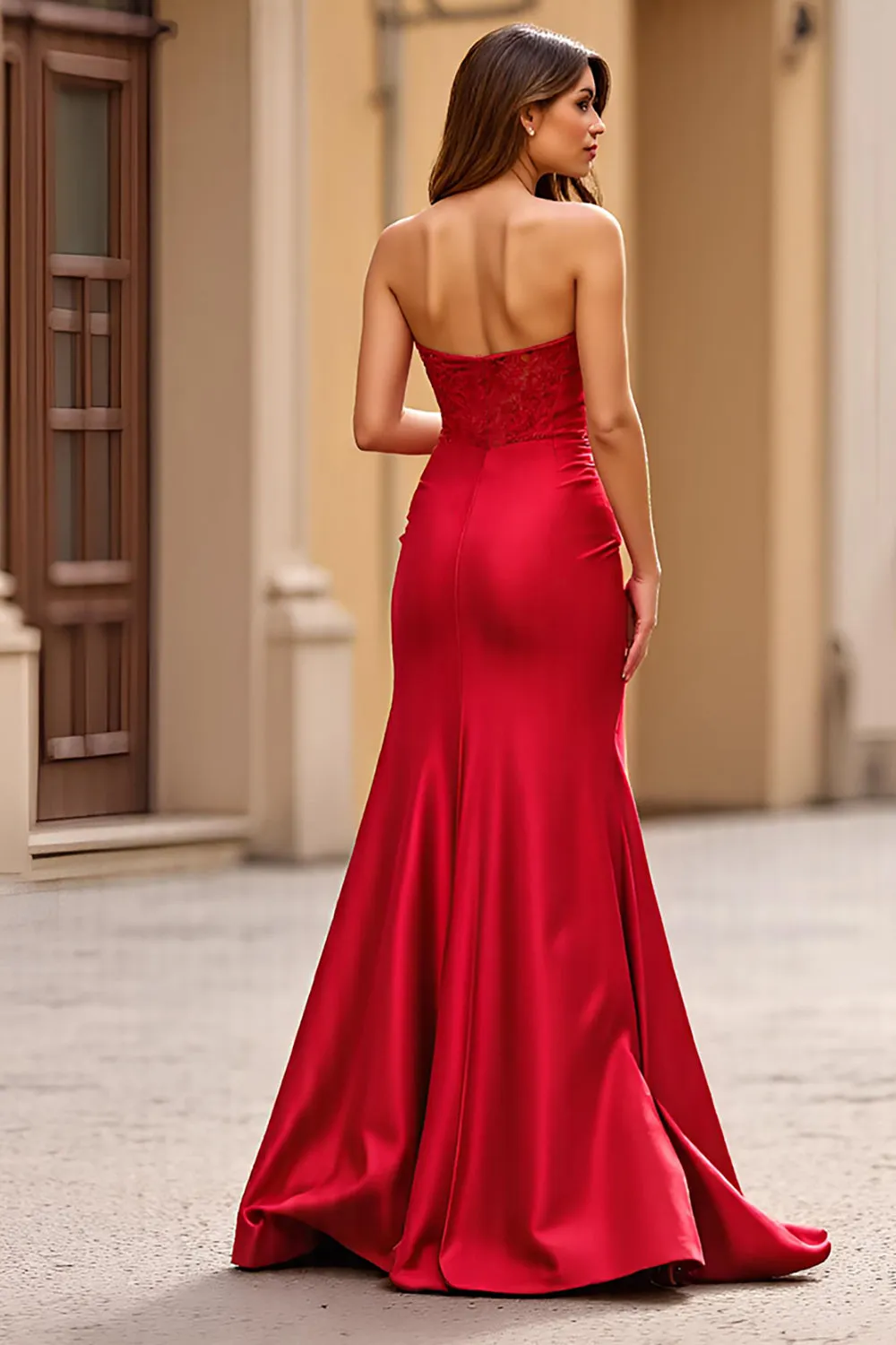 Strapless Lace Red Satin Sheath Prom Dress with Slit sold by Zapaka product image thumbnail 2