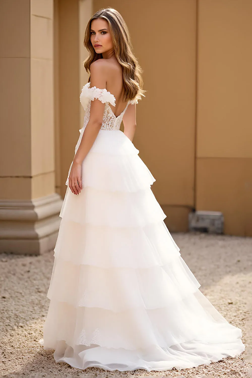 White Off the Shoulder Tiered Long Prom Dress with Slit sold by Zapaka product image thumbnail 2