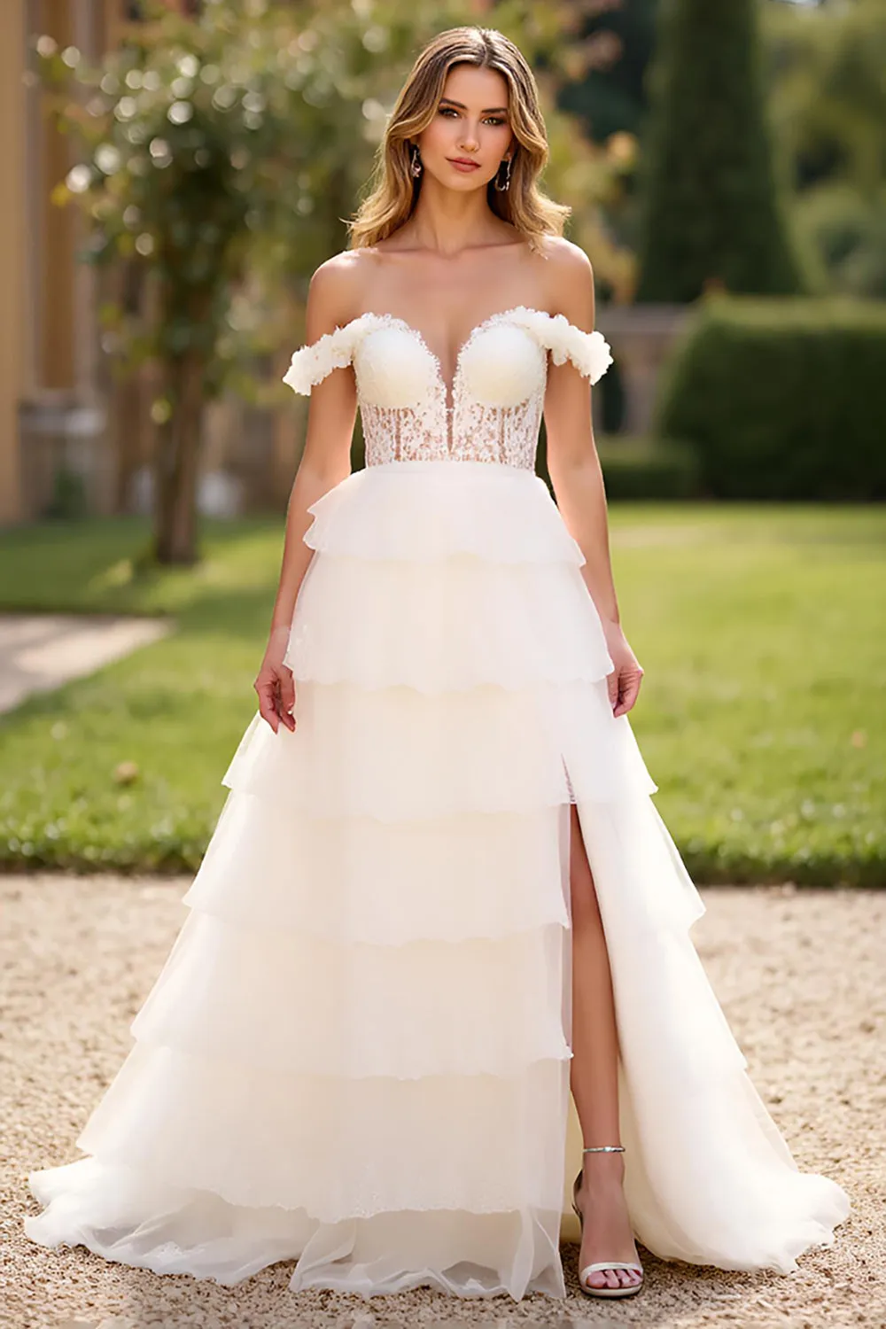 White Off the Shoulder Tiered Long Prom Dress with Slit sold by Zapaka