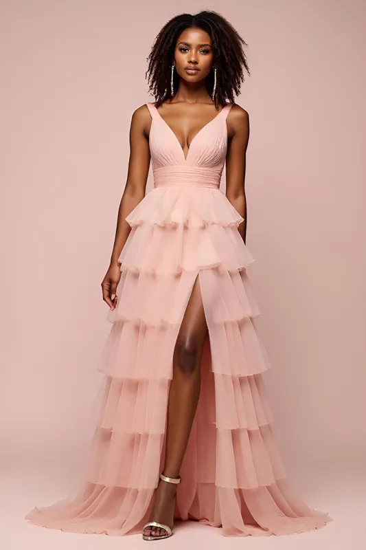 Pink A Line V Neck Tiered Long Prom Dress with Slit sold by Zapaka