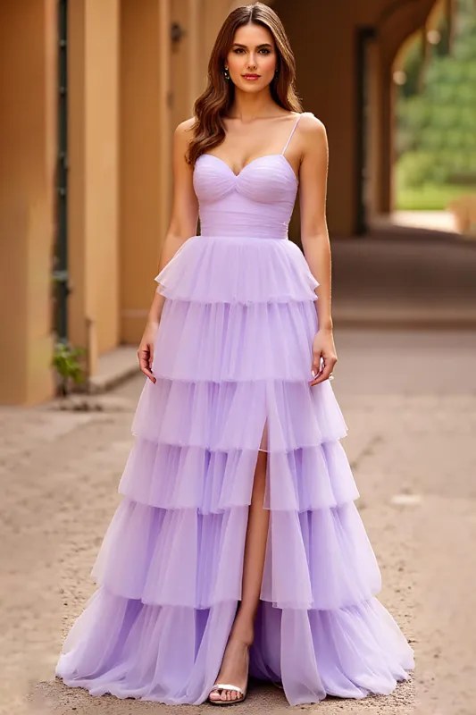 Lilac A Line Spaghetti Straps Tiered Tulle Long Prom Dress with Slit sold by Zapaka