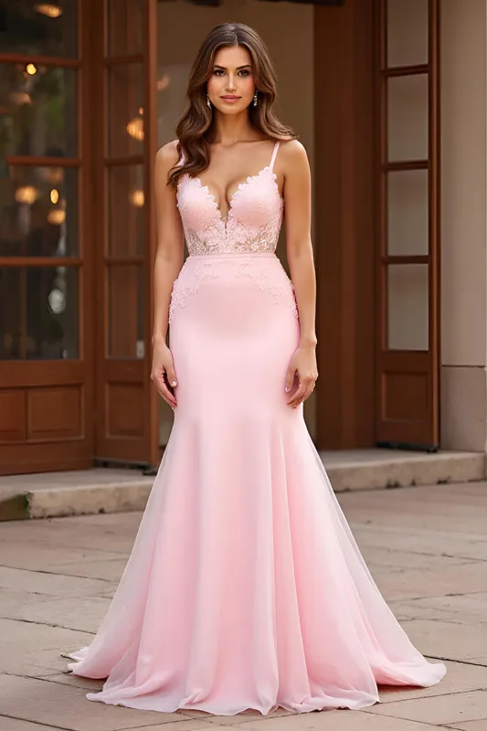 Mermaid Pink Spaghetti Straps Long Prom Dress with Appliques sold by Zapaka