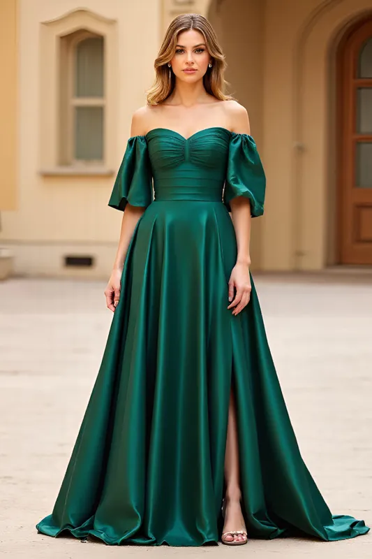 Dark Green Off the Shoulder Puff Sleeves Long Satin Prom Dress with Slit sold by Zapaka