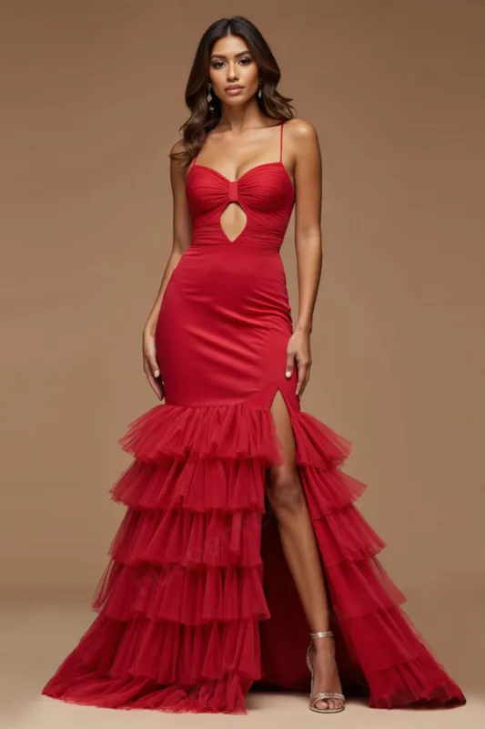 Dark Red Spaghetti Straps Cut Out Mermaid Satin Tulle Prom Dress sold by Zapaka
