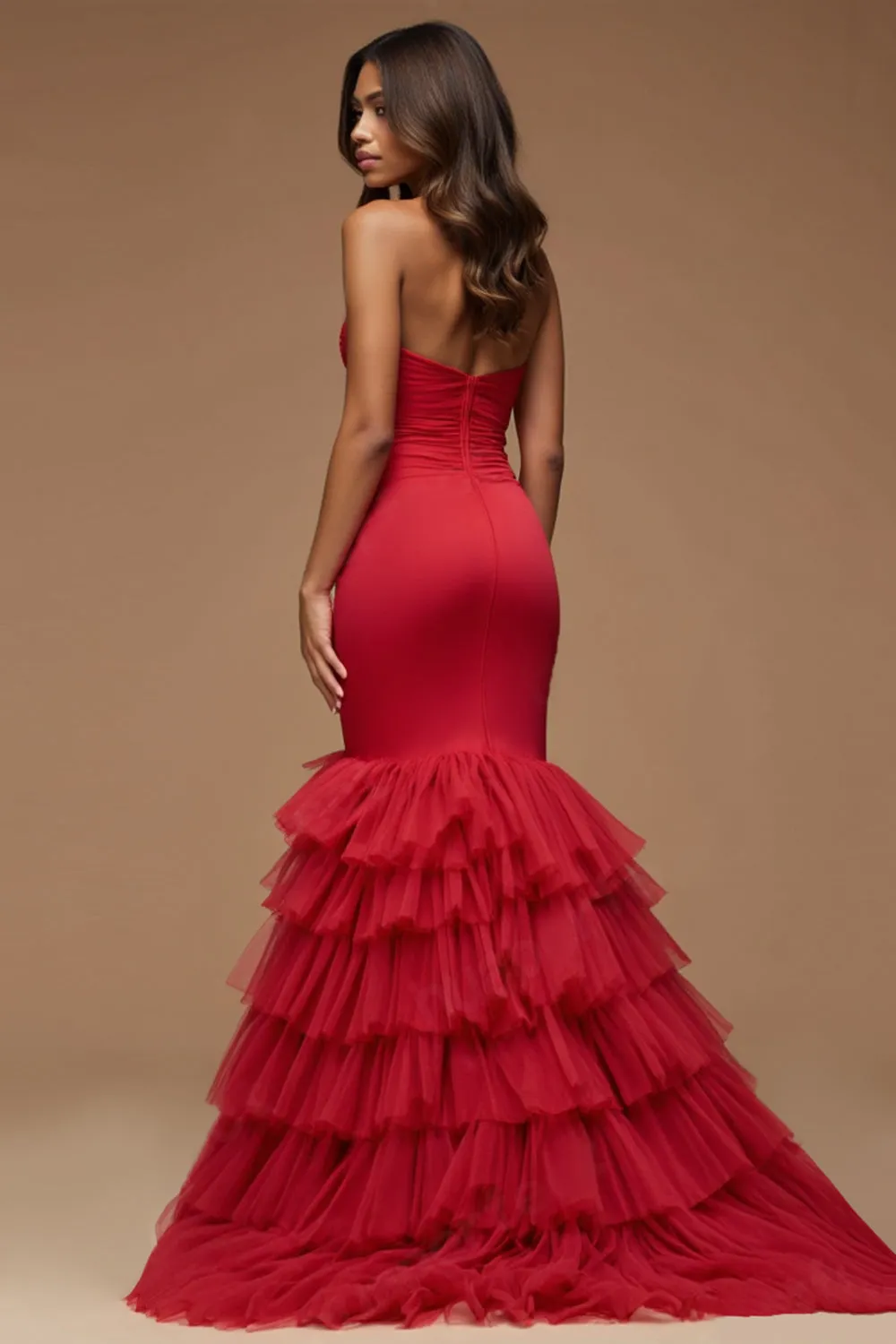 Dark Red Spaghetti Straps Cut Out Mermaid Satin Tulle Prom Dress sold by Zapaka product image thumbnail 2