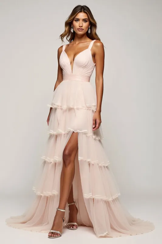 Candy Pink A Line V-Neck Tiered Tulle Prom Dress sold by Zapaka