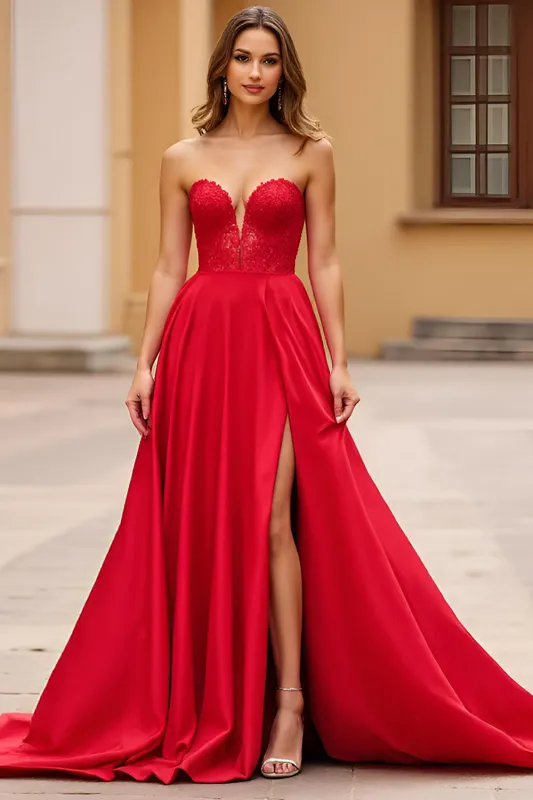 Red A Line Lace Sweetheart Long Prom Dress with Slit sold by Zapaka
