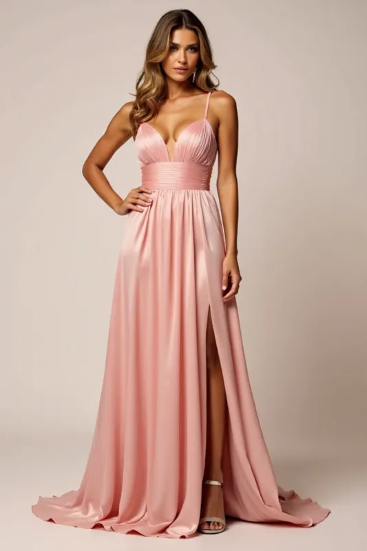 Blush Pink A Line Spaghetti Straps Satin Prom Dress sold by Zapaka