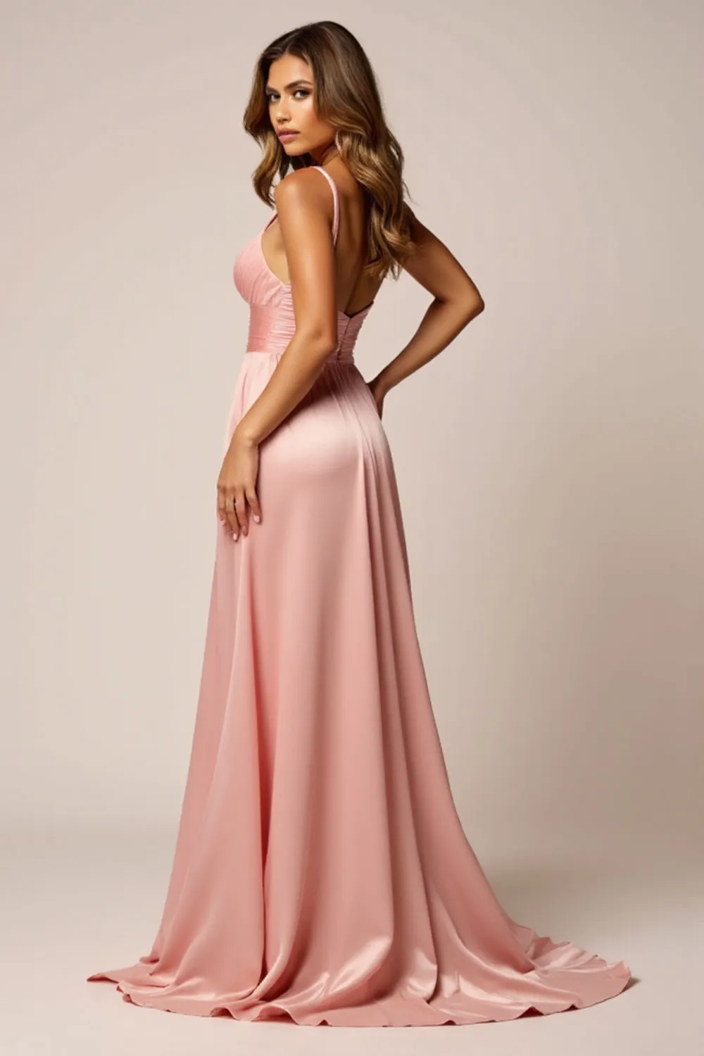 Blush Pink A Line Spaghetti Straps Satin Prom Dress sold by Zapaka product image thumbnail 2