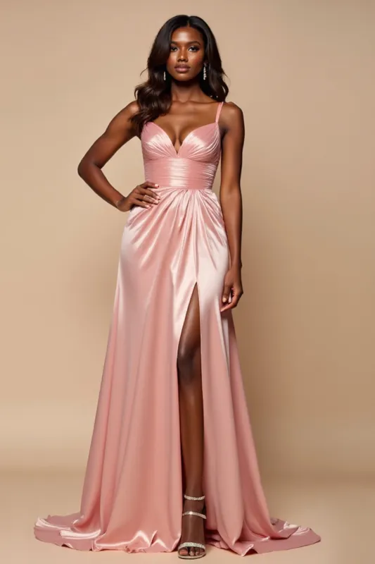 Blush Pink Sheath V-Neck Pleated Satin Prom Dress sold by Zapaka