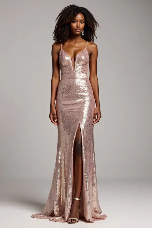 Dusty Rose Sheath Spaghetti Straps Sequins Prom Dress sold by Zapaka