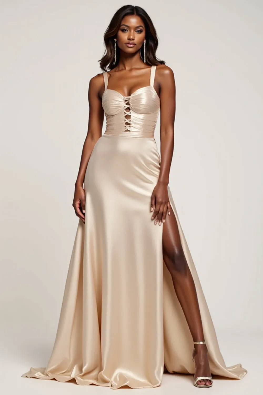 A Line Champagne Sweetheart Satin Prom Dress with Slit sold by Zapaka