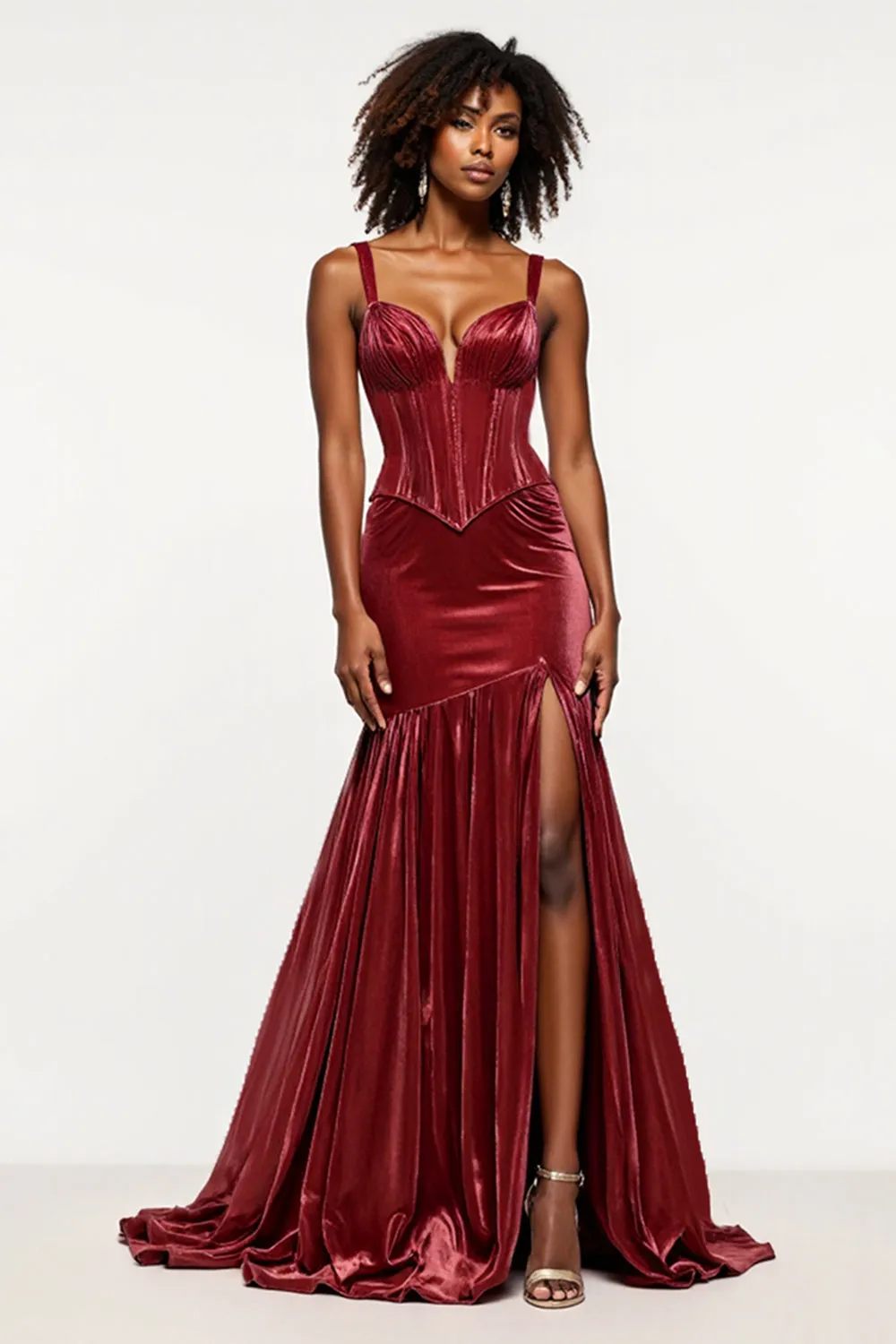 Burgundy Mermaid V-Neck Corset Velvet Prom Dress sold by Zapaka