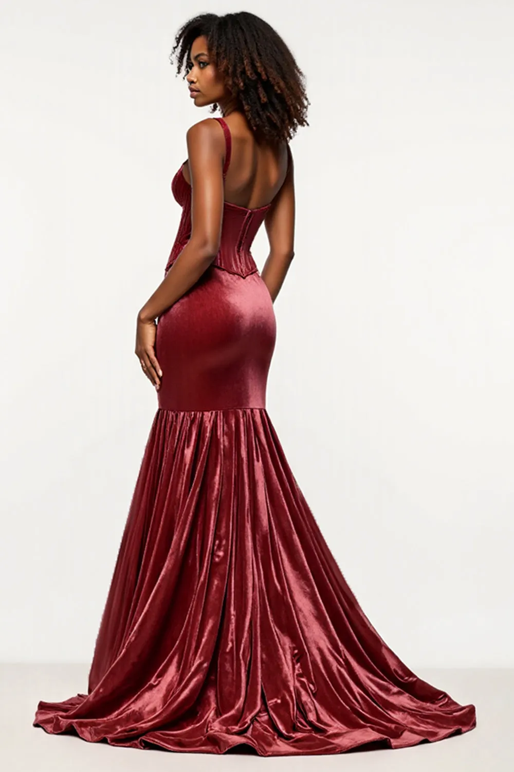 Burgundy Mermaid V-Neck Corset Velvet Prom Dress sold by Zapaka product image thumbnail 2