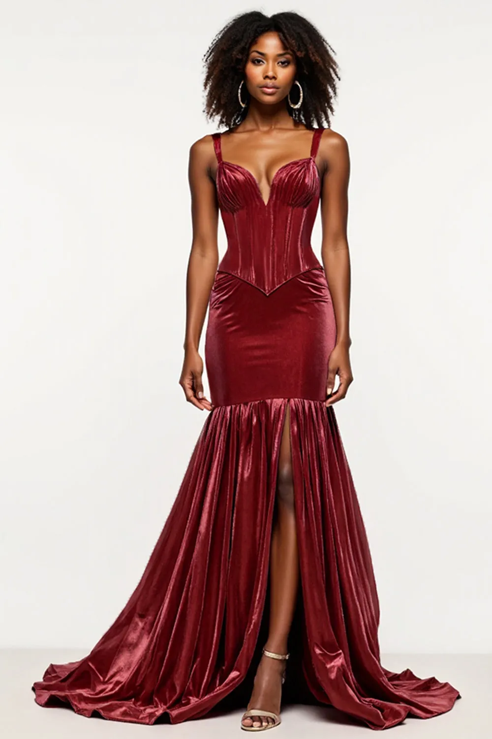 Burgundy Mermaid V-Neck Corset Velvet Prom Dress sold by Zapaka product image thumbnail 3