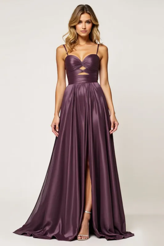 Purple A Line Spaghetti Straps Cut Out Satin Prom Dress sold by Zapaka