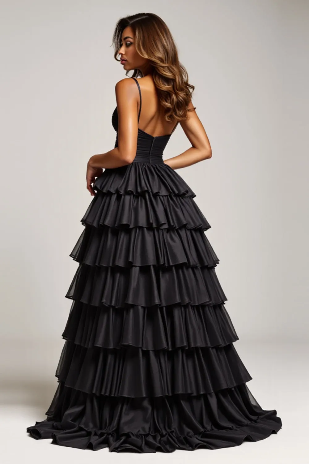 Black A Line Spaghetti Straps Pleated Satin Prom Dress sold by Zapaka product image thumbnail 3