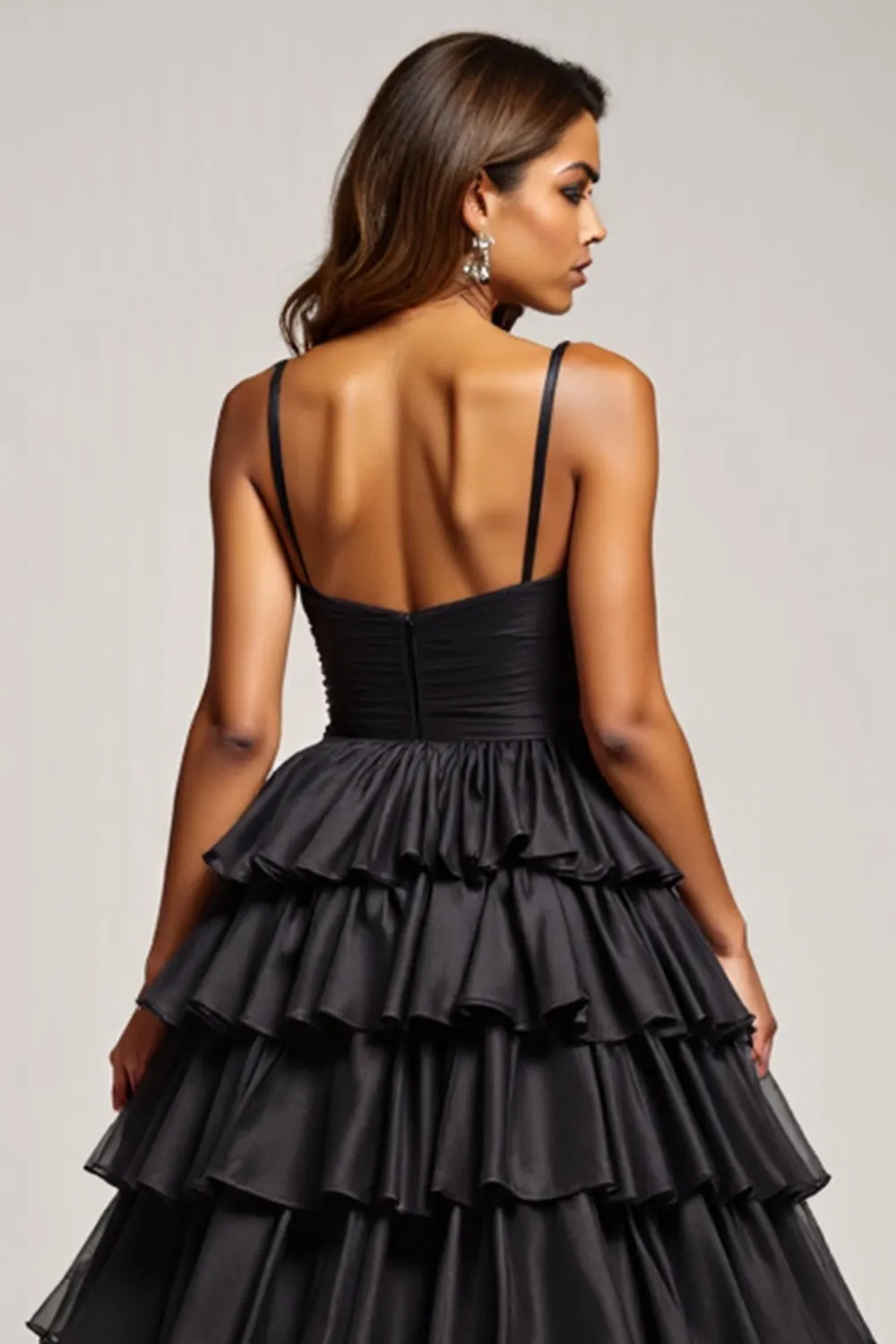Black A Line Spaghetti Straps Pleated Satin Prom Dress sold by Zapaka product image thumbnail 5