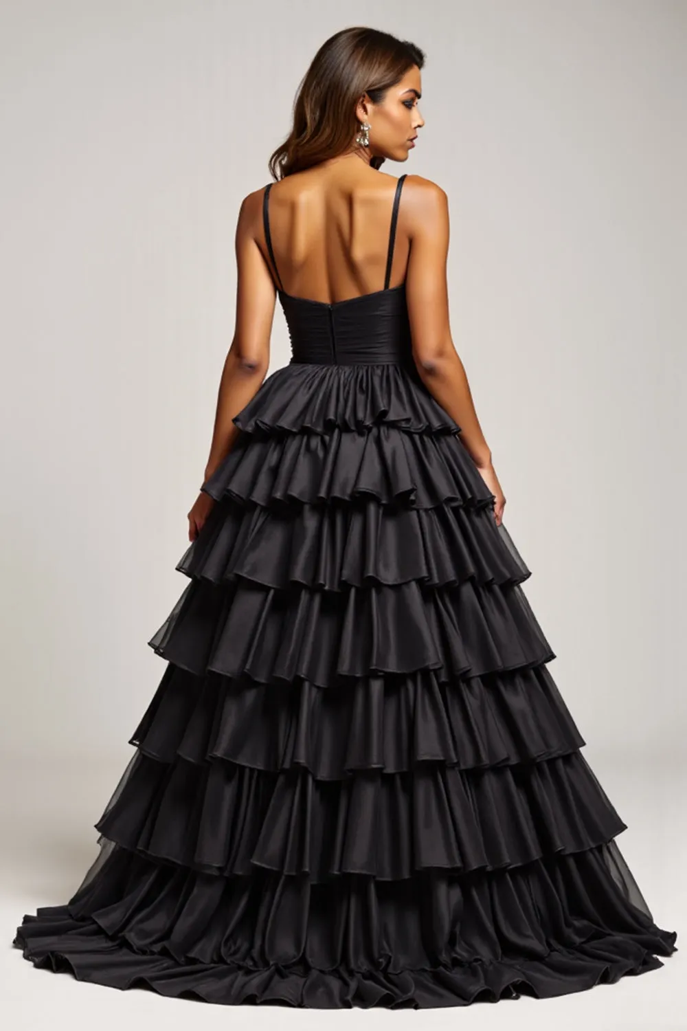 Black A Line Spaghetti Straps Pleated Satin Prom Dress sold by Zapaka product image thumbnail 2
