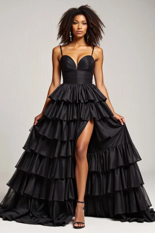 Black A Line Spaghetti Straps Pleated Satin Prom Dress sold by Zapaka