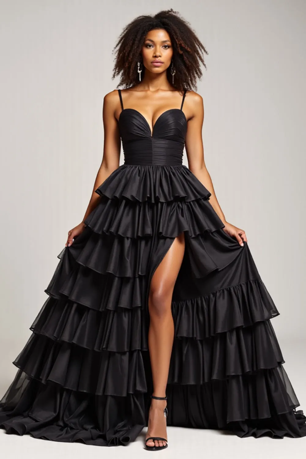 Black A Line Spaghetti Straps Pleated Satin Prom Dress sold by Zapaka