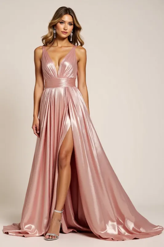 Dusty Rose A Line Deep V-Neck Pleated Metallic Satin Prom Dress sold by Zapaka