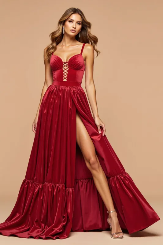 Dark Red A Line Cut Out Pleated Satin Prom Dress sold by Zapaka