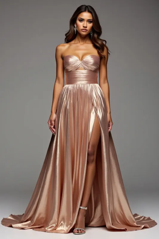 Rose Gold A Line Strapless Cut Out Pleated Metallic Satin Prom Dress sold by Zapaka
