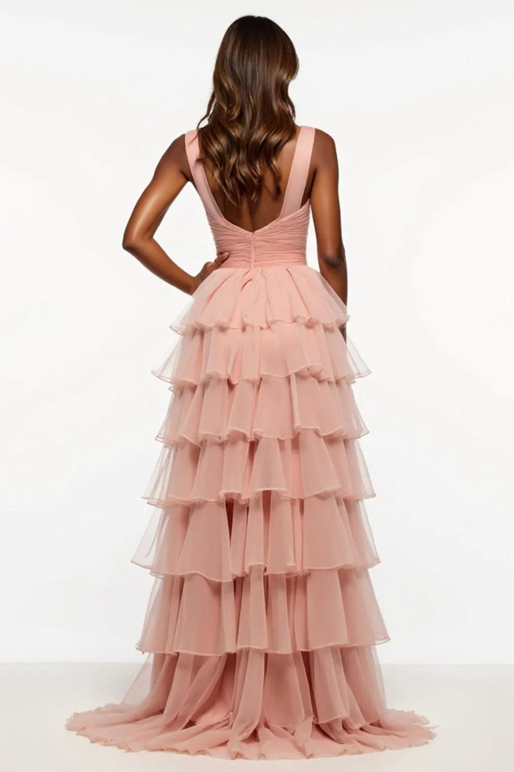 Pink A Line V-Neck Ruffles Tiered Organza Prom Dress sold by Zapaka product image thumbnail 2