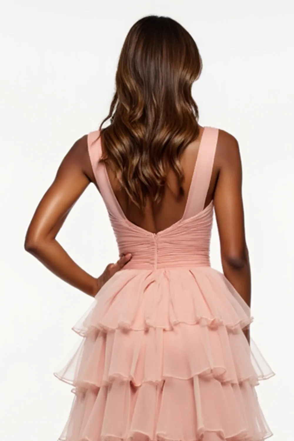 Pink A Line V-Neck Ruffles Tiered Organza Prom Dress sold by Zapaka product image thumbnail 4