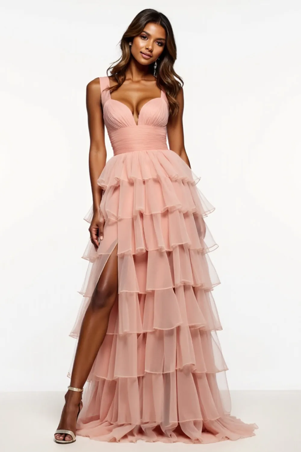 Pink A Line V-Neck Ruffles Tiered Organza Prom Dress sold by Zapaka