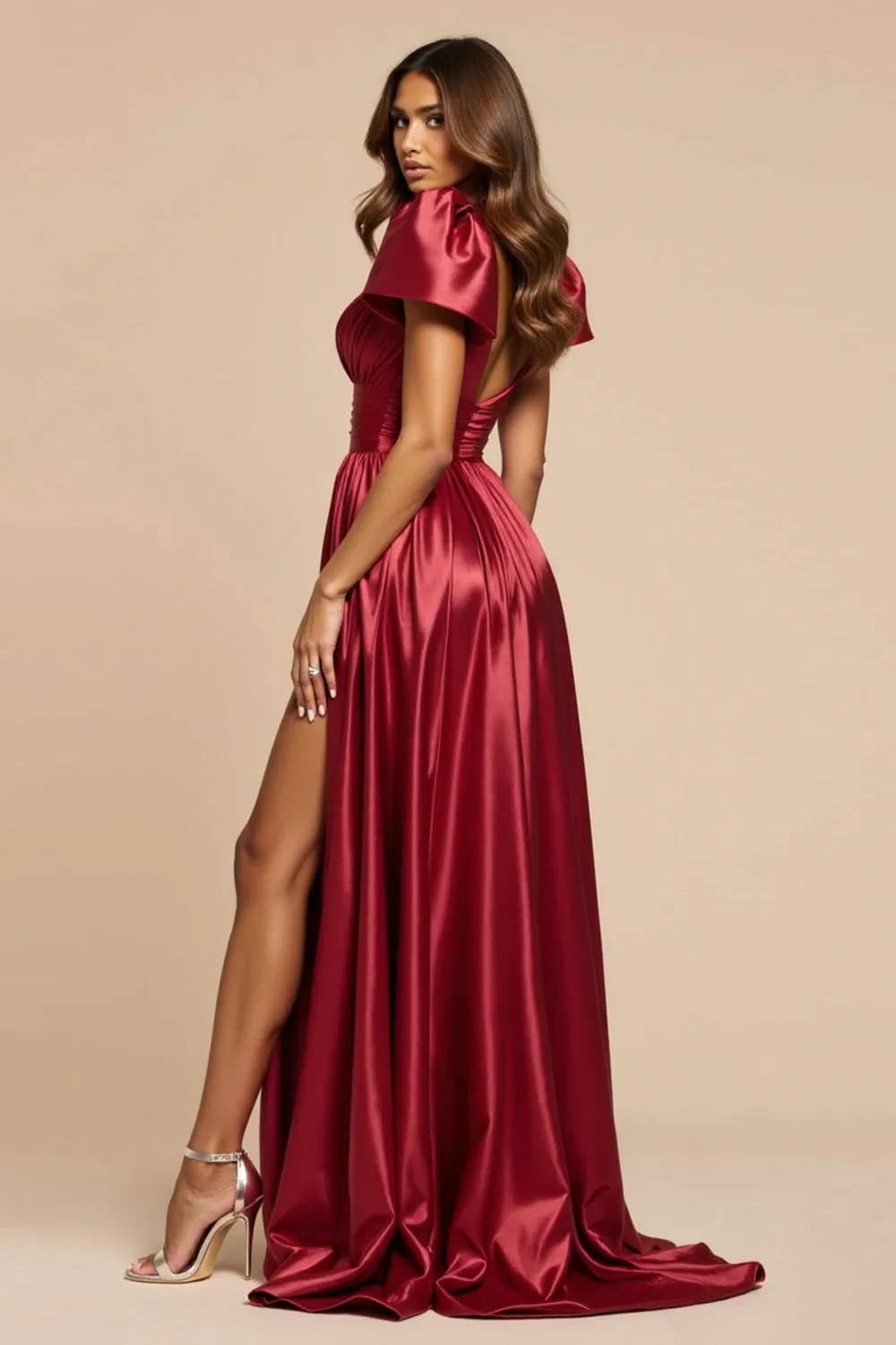 Dark Red A Line V-Neck Pleated Prom Dress with Short Sleeves sold by Zapaka product image thumbnail 2