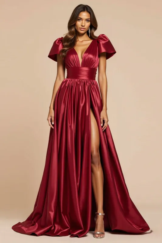 Dark Red A Line V-Neck Pleated Prom Dress with Short Sleeves sold by Zapaka