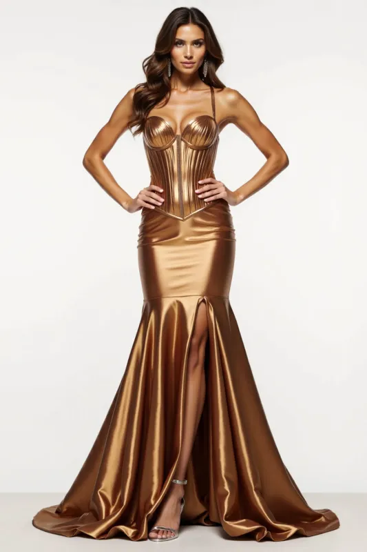 Brown Mermaid Spaghetti Straps Metallic Satin Prom Dress sold by Zapaka