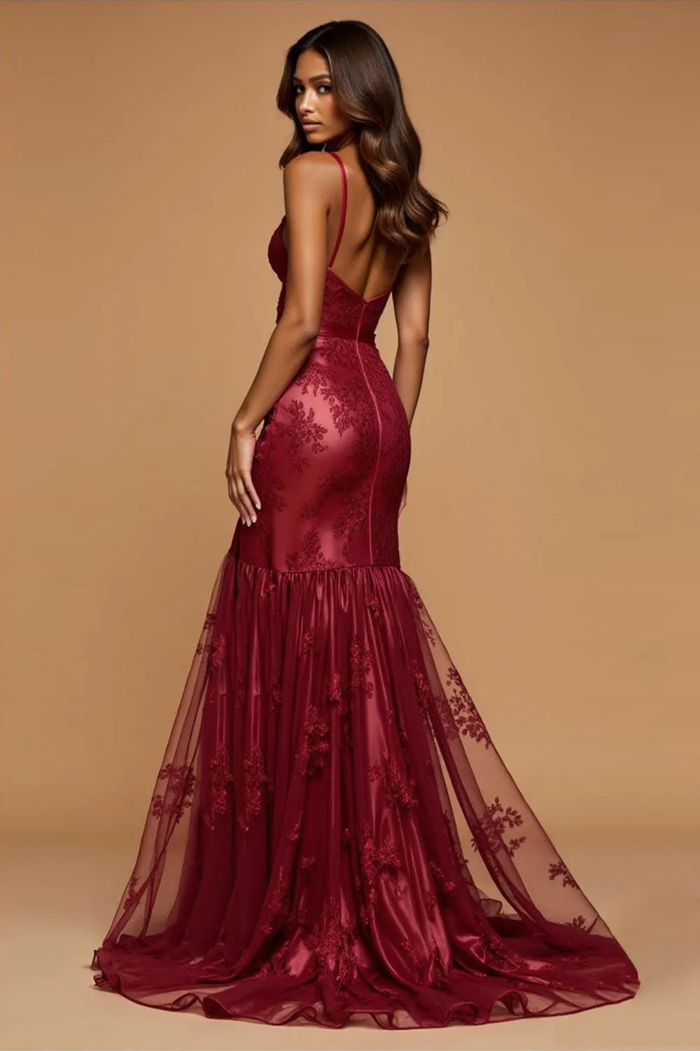 Dark Red Mermaid Deep V-Neck Lace Prom Dress sold by Zapaka product image thumbnail 2
