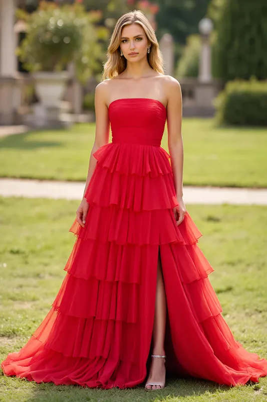 Strapless Tiered Red Tulle A Line Prom Dress with Slit sold by Zapaka