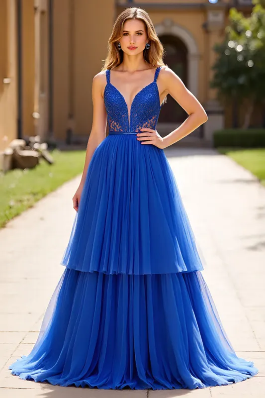 Royal Blue A Line Tulle Lace Spaghetti Straps Prom Dress with Beading sold by Zapaka
